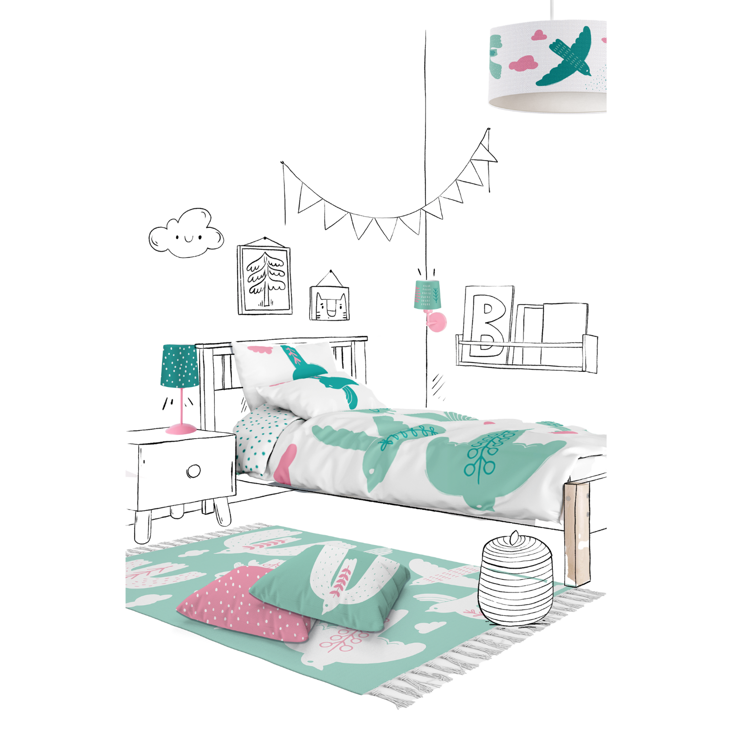 Bird of Life Çocuk Halısı, Mint Yeşili, 120x160cm