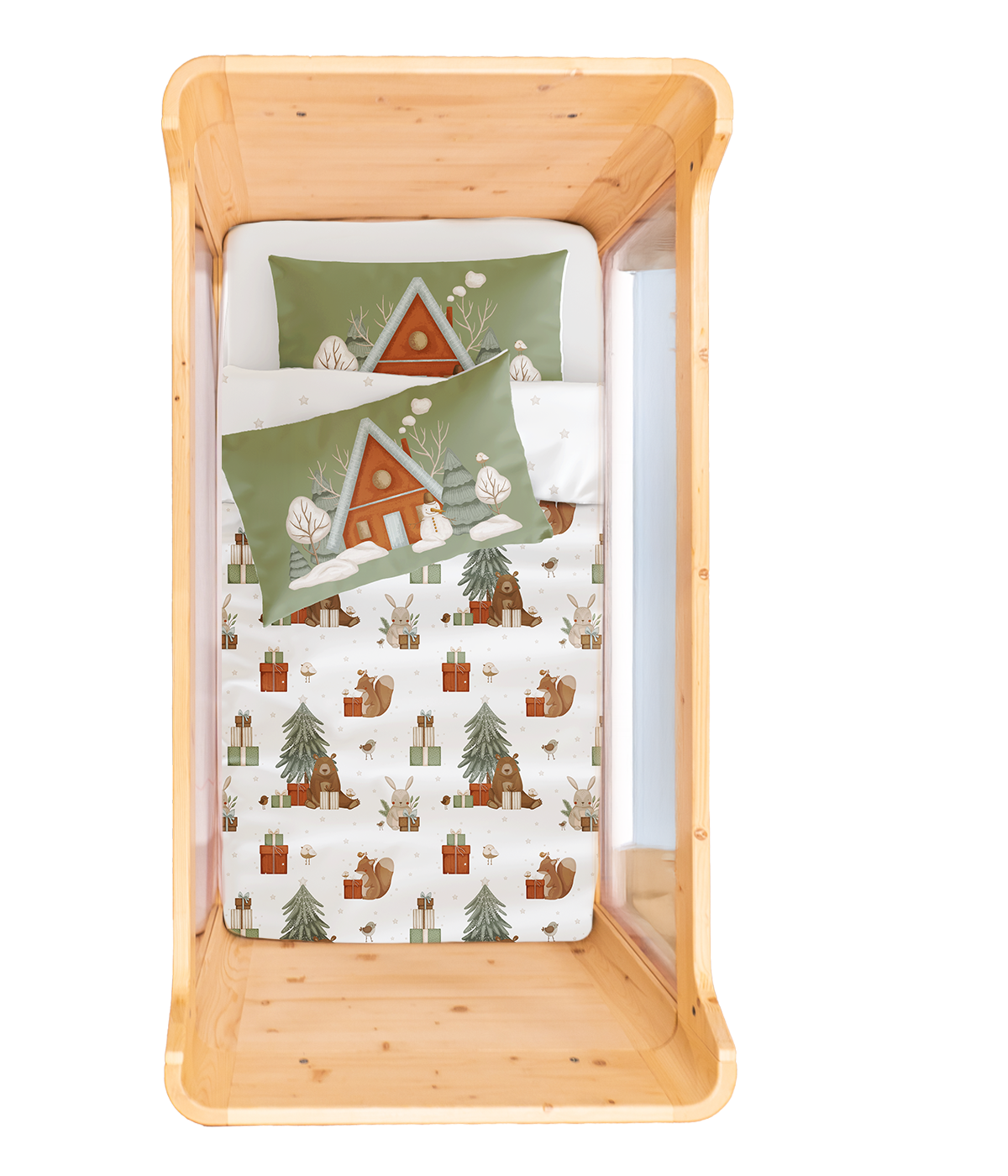 Snowy Yeni Yıl Çift Taraflı Pamuk Saten Çok Renkli Bebek Nevresim Seti 100x150cm